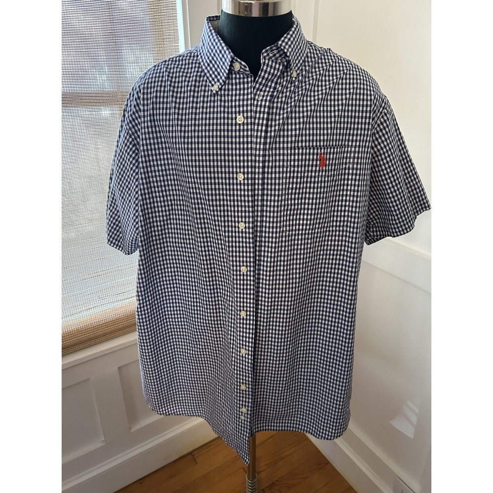 U.S. Polo Assn Blue White Plaid Short Sleeve Button Down Shirt Sz XLT Red Pony